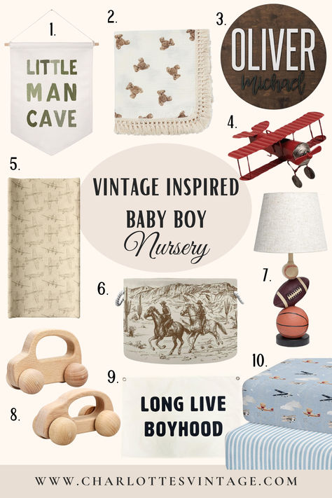 Decorate your baby boy's nursery with these vintage-inspired finds on Amazon #sponsored | wooden toy car, custom name sign, teddy bear blanket, western-inspired storage basket, sports-inspired lamp, decorative plane model, changing pad cover. Vintage Baby Boy Shower Ideas, Vintage Boy Baby Shower Ideas, Baby Boy Nursery Vintage, Vintage Boy Nursery, Vintage Baby Boy Nursery, Teddy Bear Blanket, Antique Nursery, Blanket Western, Nursery Vintage