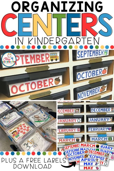 Organizing centers in kindergarten can be a lot of work! In this post, I share how I keep all of my monthly centers organized, as well as free monthly center labels that you can download and use in your own kindergarten classroom! Monthly Storage Bins Classroom, Organizing Kindergarten Classroom, Center Storage Kindergarten, Organizing Centers In The Classroom, Centers Organization Classroom, Kindergarten Centers Organization, Kindergarten Classroom Organizing Ideas, Center Organization Classroom, Center Organization Kindergarten