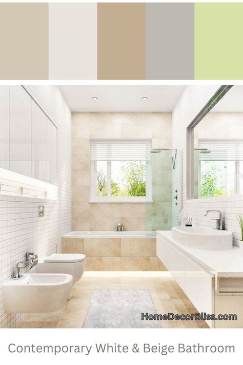 Contemporary Bathroom: Stylish White and Beige Color Scheme White Beige Bathroom, White And Beige Bathroom, Contemporary Bathroom Inspiration, Contemporary Color Schemes, Beige Color Scheme, Beige Color Palette, Bathroom Features, Beige Bathroom, Wallpaper Walls Decor