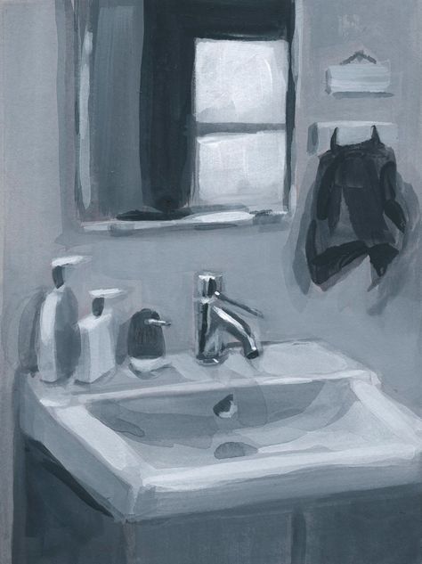 How To Paint Mirror, B&w Painting, Bathroom Mirror Reference, Bathroom Paintings Art, Bathroom Sink Painting, Painting Of Mirror, Painting Of A Bathroom, Painting Of Bathroom, Bathroom Sink And Mirror