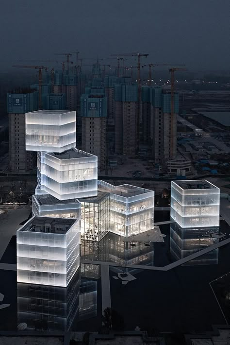 The huge-scale building sets like ice cubes on the water and consists of three large clusters of 10 small cubes. Cubes Architecture, Box Architecture, Cultural Tourism, Architecture Today, Architect Magazine, Facade Lighting, Parametric Architecture, Modern Architects, Building Concept