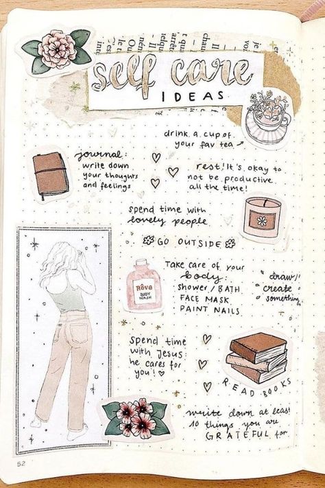 Bujo Self Care Ideas, Self Love Doodle Ideas, Beauty Journal Ideas, Self Care Art Journal Ideas, Selfcare Planner Ideas, Selfcare Journal Pages, Journal Ideas Everyday, Journalling Aesthetic Ideas, Personal Book Ideas