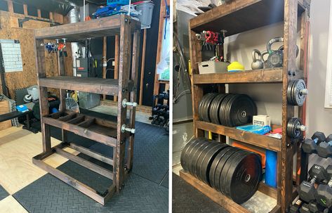 Tall DIY Weight Storage Unit Diy Weight Storage, Weight Storage Ideas, Gym Equipment Storage, Gym Building, Homemade Gym Equipment, Weight Lifting Equipment, Weight Rack, Terrace Ideas, Diy Home Gym