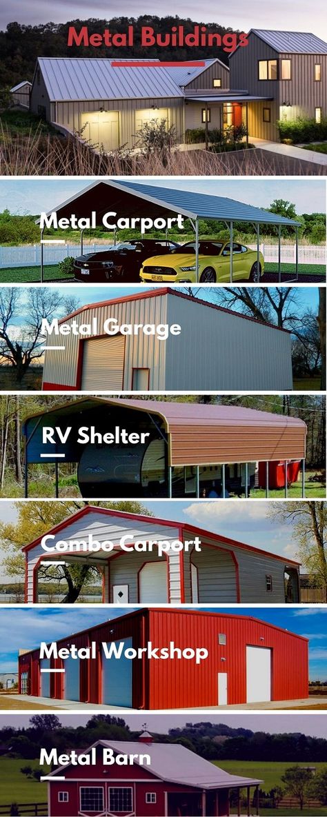 Design your metal building with highly qualified designers & engineers today. At Metal Carports Direct has a huge range of American made metal structures in residential and commercial building styles. Buy the perfect size for your specific needs. Get a cost estimate for metal building kit and supplies. #metalcarports #metalbuilding #metalgarages #metalbarns Metal Storage Building, Metal Building Prices, Metal Garage Kits, Metal Carport Kits, Prefab Metal Buildings, Metal Storage Buildings, Residential And Commercial Building, Pre Engineered Metal Buildings, Building Styles