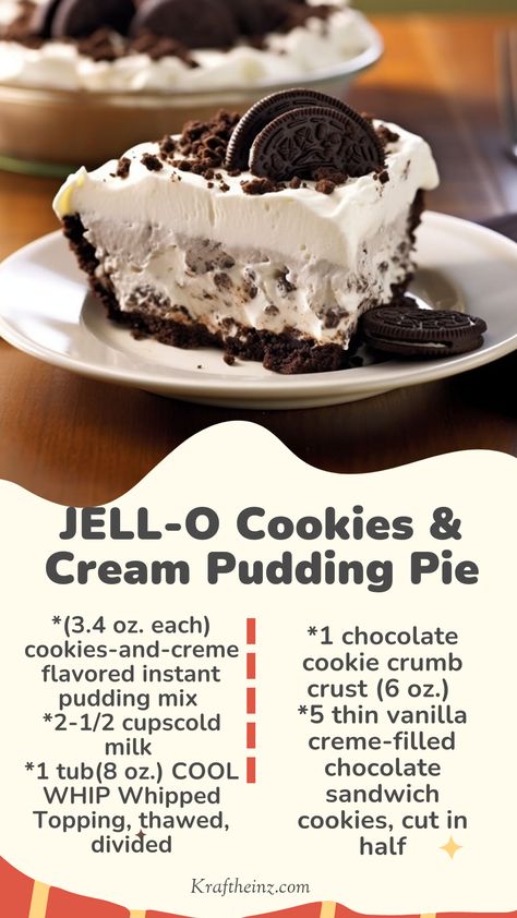 JELL-O Cookies & Cream Pudding Pie: A decadent dessert featuring cookies-and-cream flavored pudding, COOL WHIP, and chocolate cookie crust. Garnished with vanilla creme-filled chocolate sandwich cookies. Oreo Pudding Pie, Cookies And Cream Pie, Cookies And Cream Pudding, Cookie Crumb Crust, Jello Cookies, Cream Pie Filling, Crumb Crust, Pudding Pie, Pudding Pies