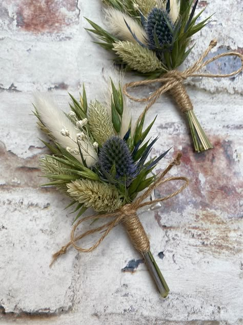 Wedding Flowers Thistle, Fair Wedding Theme, Scottish Thistle Bouquet, Cottage Style Wedding, 15 Year Anniversary Party, Thistle Buttonhole, Thistle Wedding Flowers, Thistle Boutonniere, Thistle Bouquet