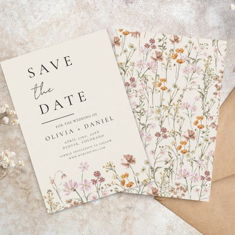 Wildflowers Beige Boho Save the Date Minimalist Classy Wedding Invitations With Picture, Wildflower Wedding Save The Date, Colorful Minimalist Wedding Invitations, Wedding Flower Invitation, Boho Wedding Save The Date, Wedding Invation Cards, July Wedding Invitations, Easy Wedding Ideas, Summer Wedding Invites