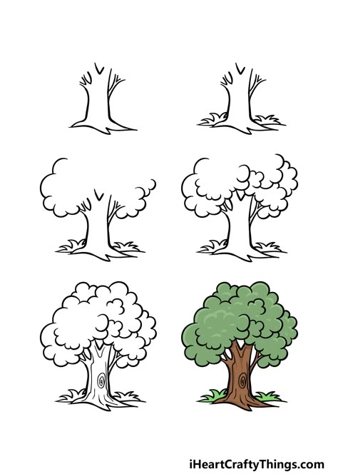 Drawing Of A Tree Simple, Cute Trees Drawing, Simple Trees Drawing, Easy Family Tree Drawing, Easy Drawings Tree, How To Draw A Tree Easy, Drawing Trees Simple, Cartoon Tree Drawing, How To Draw A Tree Step By Step Easy