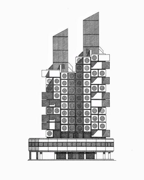 Endless Drafts on Instagram: "In memory of Nagakin Capsule Tower The demolition of this iconic structure began this week and it saddens me that one of Tokyo most representative examples of modern architectural heritage will be lost. Fortunately the some of the capsules will be preserved for exhibition. #illustrarch #architecture #arch #archisource #illustration #design #archdaily #architects #arquitectura #archilovers #architecturelovers #thebestnewarchitects #architecturestudent #sketch # Nakagin Capsule Tower, Modern Japanese Architecture, Brutalism Architecture, Timber Architecture, Perspective Drawing Architecture, Neoclassical Architecture, Apartment Architecture, Architecture Poster, Architectural Sketch