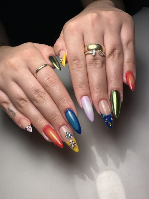 Mismatch Nails, Mismatched Nail Art, Mix And Match Nails, French Girl Aesthetic, Multi Colored Hair, Simple Acrylic Nails, Funky Nails, Nail Art Inspiration, Nail Paint