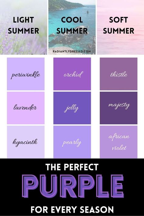 Soft Summer Purple, Purple Shades Colour Palettes, Colors That Go With Purple, Muted Wardrobe, Light Purple Shades, Types Of Purple, Color Analysis Summer, Summer Skin Tone, Cool Summer Palette