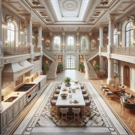 Mansion Interior Dining Room, Royal Kitchen Luxury, Castle Dining Room, Loft House Ideas, Luxury Barndominium, Big Dining Room, Palace Kitchen, Manor House Interior, Big Houses Interior