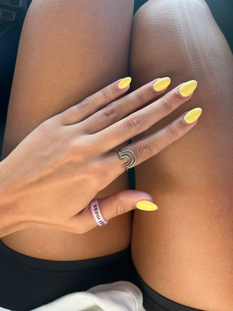 Yellow Nails, Pura Vida, Hailey Bieber Nails, Chrome Nails, Ring inspo, Pastel Yellow Nails, Summer Nail Inspo Bright Yellow Almond Nails, Pastel Yellow Nails Design Summer Colors, Summer Acrylic Nails One Color, Yellow Almond Shaped Nails, Plain Color Nails Summer, Solid Color Nail Ideas Summer, Summer Nails 2024 Solid Color, Plain Nails Summer, Solid Yellow Nails