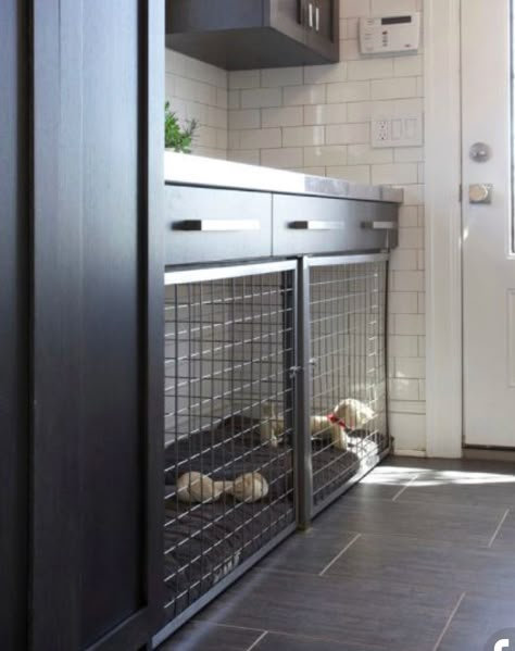 Under Cabinet Dog Kennel, Dog Kennel Built In Cabinets, Dog Sleeping Area Ideas, Cabinet Dog Kennel, Bedroom Dog Crate, Dog Crate In Bedroom, Dog Sleeping Area, Cabinet Dog Crate, Dog Crate Cabinet