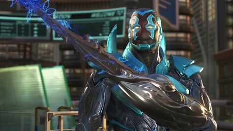 Blue Beetle Art, Dc Blue Beetle, Blue Beetle Dc, Blue Beetle Jaime Reyes, Jaime Reyes, Powered Armor, Movie Games, Beetle Art, Injustice 2