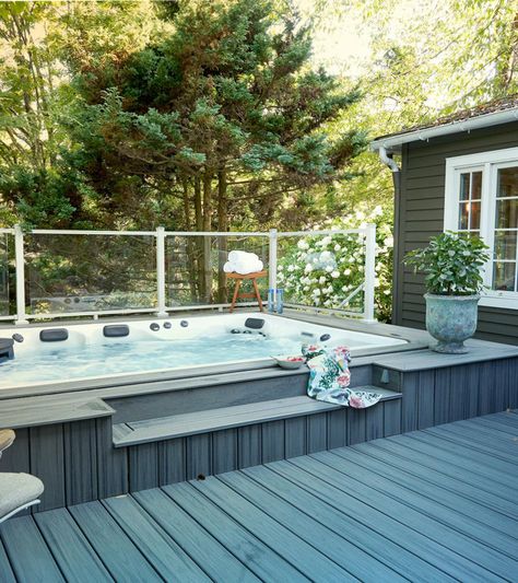 Backyard Ideas | Where should I put a Swim Spa? Composite Deck Around Swim Spa, Swimspa Small Backyard, Swim Spa Small Backyard Ideas, Swim Spa Patio Ideas, Swimspa Backyard Ideas Deck, Swim Spa Backyard Ideas Enclosed, Above Ground Spa Ideas, In Ground Swim Spa, Swimspa Deck Ideas