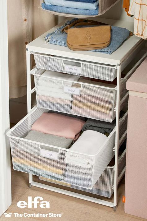 Elfa Drawers are an easy way to add instant storage space to a dorm or small apartment. From clothes to snacks, they can help organize almost anything! Choose from a selection of sizes and finishes to find the solution that works best for your space. Snack Storage Ideas Bedroom, Elfa Drawers, Bedroom Storage Ideas For Small Spaces, Closet System With Drawers, Elfa Closet System, Dorm Closet Organization, Small Space Storage Bedroom, Clothes Organization Small Space, Mom Room