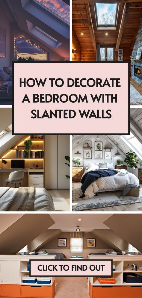 From cozy nooks to artistic angles, our article on bedroom décor ideas for slanted walls is a must-read! 🛌 Tap into our bedroom design tips and start your transformation today. Click to get inspired! Slanted Vaulted Ceiling Bedroom, What To Do With Angled Ceilings, Decorating Sloped Ceilings Bedroom Ideas, Bedroom Wall And Ceiling Ideas, Bedrooms Slanted Ceilings, Curtains For Slanted Ceiling, Bedroom Upstairs Sloped Ceiling, Masculine Attic Bedroom, A Frame Ceiling Bedroom