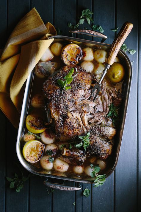 Greek-style 8 hour leg of lamb with lemon & origanum - English Roast Dinner, Vegetarian Roast Dinner, Slow Roasted Leg Of Lamb, Roast Dinner Ideas, British Roast Dinner, Roast Ideas, Leg Of Lamb Recipe, Grilled Courgette, English Roast