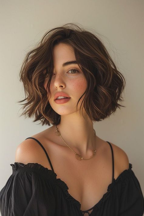 Cute Wavy Short Hairstyles, Round Bob Haircut Medium, Short Brunette Hair Layers, Hair Inspo Short Hairstyles, Short Hairstyle Women Long Face, Styled Short Hair, Curtain Bang Bob, Rounded Bob Haircut, Bob For Round Face