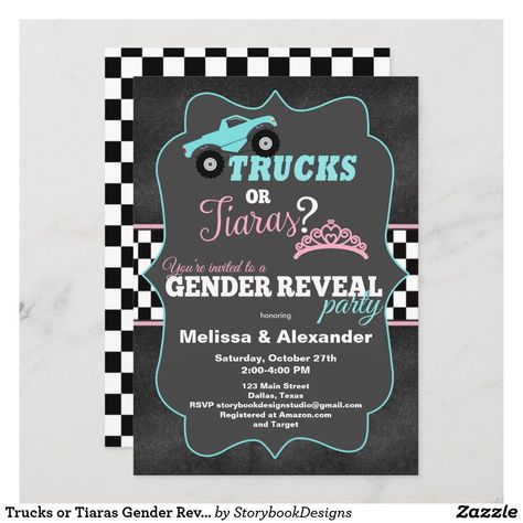 Trucks Or Tiaras Gender Reveal, Wheels Or Heels Gender Reveal, Gender Reveal Themes, Gender Reveal Decorations, Baby Gender Reveal Party, Gender Reveal Invitations, Baby Gender Reveal, Pink Invitations, Baby Reveal