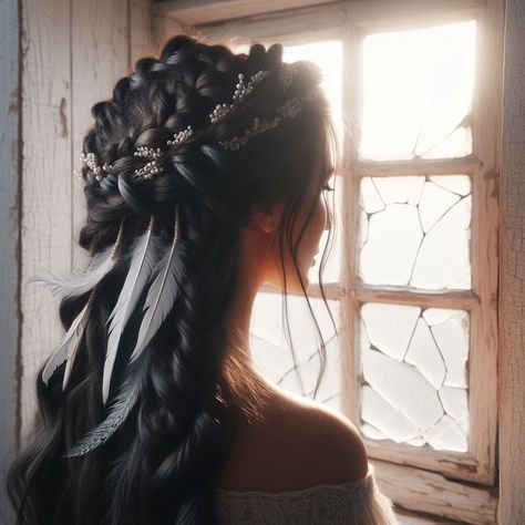 Feather Braids Hairstyles, Feathers Hairstyles Braid, Updo With Feathers, Feathers For Hair Fantasy Art, Feather In Hair Boho, Braided Hairstyles, Braids, Hair Styles, Hair