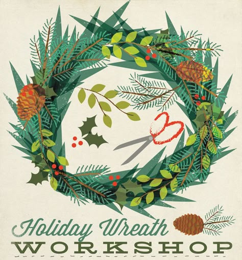 holiday-wreath illustration by amy sullivan Modern Christmas Art Prints, Wreath Illustration Christmas, Walmart 2022, Workshop Illustration, Christmas Wreath Illustration, Wreath Workshop, Wreath Illustration, Winter Illustration, Christmas Graphics