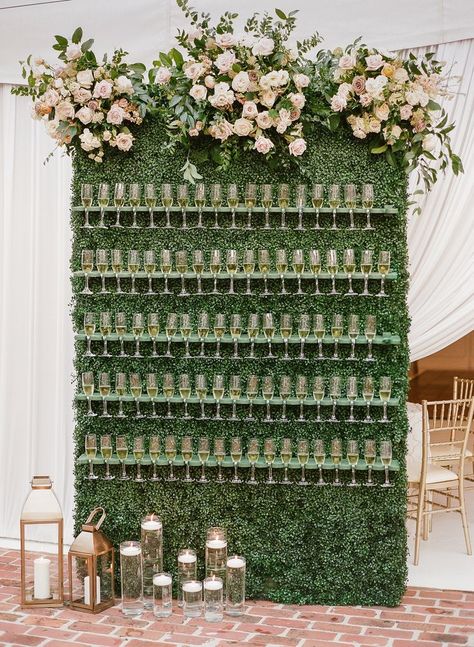 Champagne Wall Flowers, Living Wall Wedding, Green Champagne Wall, Champagne Hedge Wall, Wall Of Champagne Glasses, Flower Champagne Wall, Floral Wedding Wall, Beverage Wall Wedding, Champagne Wall Engagement Party