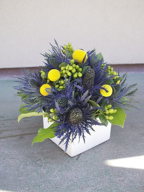 Eryngium, Billy Balls, Green Hypericum African Centerpieces, Yellow Tablescapes, Flower Arrangements Home, Small Arrangements, Floral Desing, Wedding Cake Flowers, Amazing Wedding Ideas, Floral Design Ideas, Billy Balls