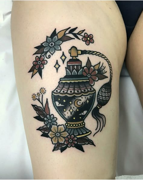 Perfume Bottle • Atomizer Tattoo | Tattoo Ideas and Inspiration | Adriana Maluquer Old Fashion Tattoos, Perfume Bottle Tattoo, Chris Garver, Fashion Tattoos, Monami Frost, Traditional Tattoo Inspiration, Knuckle Tattoos, Bottle Tattoo, Dragon Sleeve Tattoos