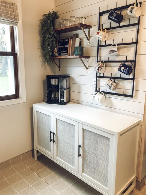 Floating Shelves Above Coffee Bar, Shiplap Wall Coffee Bar, Coffee Bar With Floating Shelves And Drop Lea, Coffee Bar Accent Wall Ideas, Shiplap Coffee Bar Wall, Coffee Bar With White Floating Shelves, Bar With Shiplap, Coffee Bar With Floating Shelves Farmhouse, Coffee Bar Floating Shelves