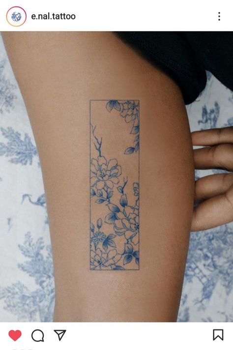 Chinese Porcelain Pattern Tattoo, Korean Art Tattoo, Blue Peony Tattoo, Blue Koi Fish Tattoo, Rectangle Tattoo, China Tattoo, Blue Ink Tattoos, Tattoo Instagram, Blue Tattoo