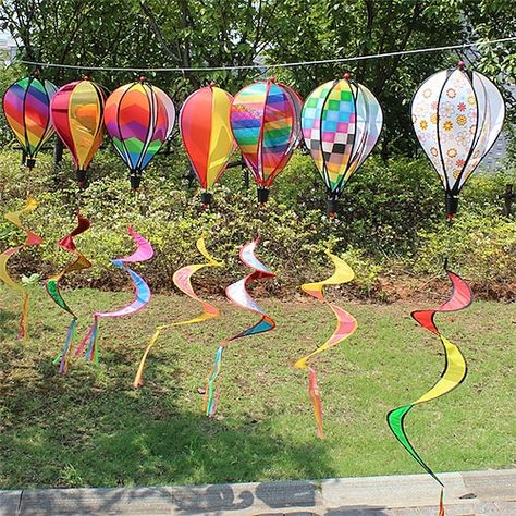 Sensory Garden For Kids, Outdoor Party Favors, Rainbow Hot Air Balloon, Recycling Art, Garden Wind Spinners, Balloon Toys, Yard Ornaments, Sensory Garden, Decorative Garden Stakes