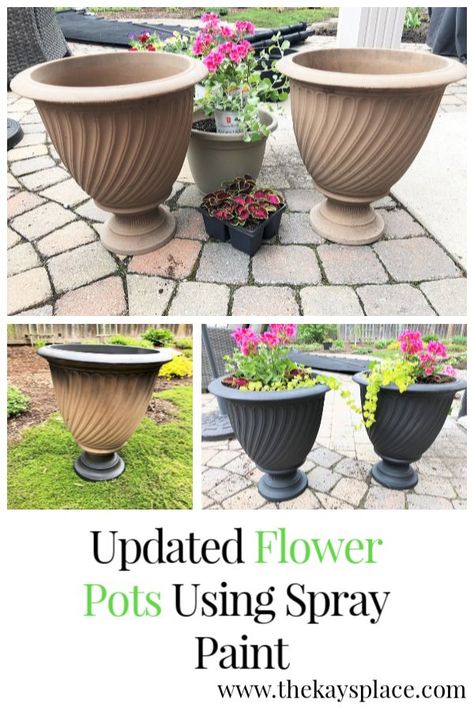 Spray painting your old flower pots can make them like new again. Black spray paint is the best! Painting Outdoor Planters, Spray Paint Flowers, Paint Garden Pots, Best Spray Paint, Spray Paint Projects, Spring Decor Diy, Flower Pots Outdoor, Plastic Flower Pots, Black Spray Paint