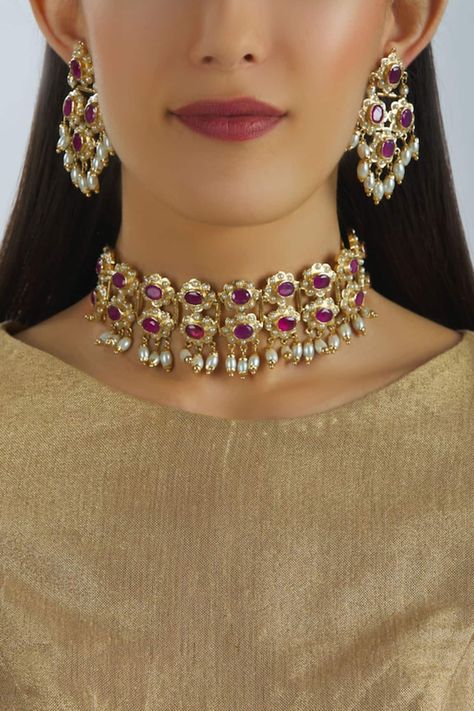 Buy Gold Plated Real Jadtar Stones Bead Drop Dangler Earrings by Riana Jewellery Online at Aza Fashions. Diamond Earrings Design, Dangler Earrings, Saree Designs Party Wear, Antique Jewelry Indian, Stone Choker, Choker Set, Bandana Hairstyles, Jewelry Design Necklace, Jewelry Choker