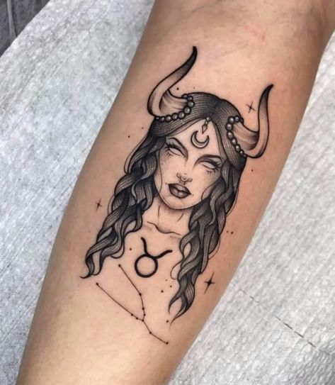 Taurus Woman Tattoo Design, Taurus Patchwork Tattoo, Woman Taurus Tattoo, Taurus Queen Tattoo, Bull Woman Tattoo, Tattoo Body Women, Cool Taurus Tattoos, Taurus Shoulder Tattoo, Taurus Goddess Tattoos For Women