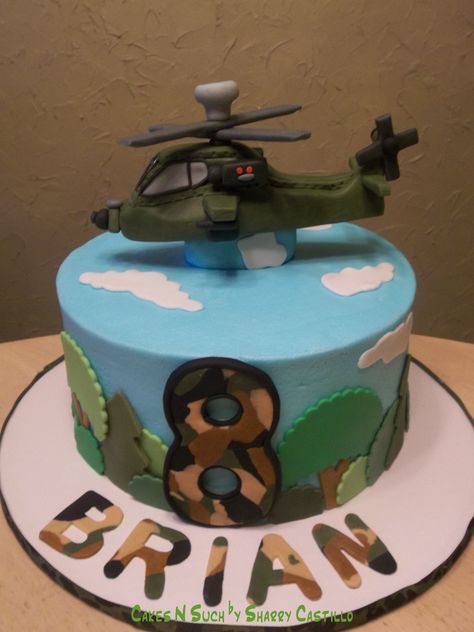 Apache Helicopter Birthday Cake Helicopter Cakes For Boys, Helicopter Birthday Cake, Helicopter Party, Helicopter Cake, Helicopter Birthday, Diva Cakes, Army Cake, Army Birthday Parties, Planes Birthday Party