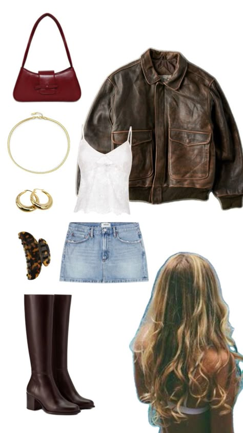 Brown leather jacket, brown leather boots, denim skirt, white lace top, gold jewellery, claw clip and burgundy bag Brown Leather Jacket Womens Outfit, Burgundy Leather Skirt Outfit, Burgundy Top Outfit, Brown Leather Skirt Outfit, Brown Skirt Outfit, Brown Leather Jacket Outfit, Womens Leather Jacket Outfit, Brown Boots Outfit, 90’s Outfits