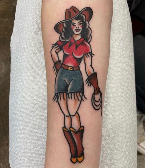 #tattoo #tattooideas #cowgirl #tattoosforwomen #tattoofemale Cowboy And Cowgirl Tattoo, Pinup Tattoo Cowgirl, Traditional Gunslinger Tattoo, Traditional Cowgirl Pinup Tattoo, Cowgirl Pin Up Tattoos, Western Pinup Tattoo, American Traditional Cowgirl Tattoo, Cowgirl Pinup Tattoo, American Traditional Cowgirl