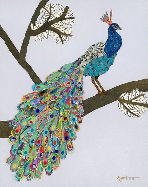 Brenda Bogart Fabric Collage | creativeartworksblog Peacock Collage Art, Bead Collage Art, Peacock Collage, Birds Collage, Paper Peacock, How To Make Canvas, Beaded Peacock, Nature Canvas Painting, Evans Art