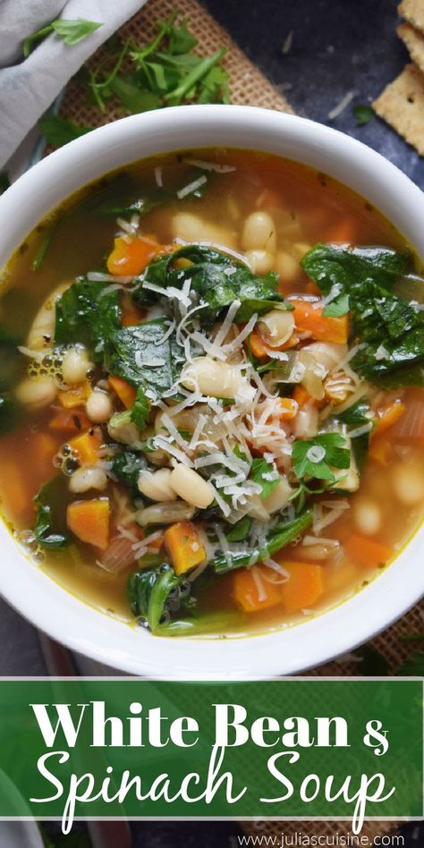 White Bean & Spinach Soup Winter Soup Recipes Healthy, White Bean And Spinach Soup, Vegetable Broth Soup, White Beans And Spinach, Winter Vegetable Soup, Bean And Vegetable Soup, Spinach Soup Recipe, White Bean Soup Recipes, Winter Soup Recipe