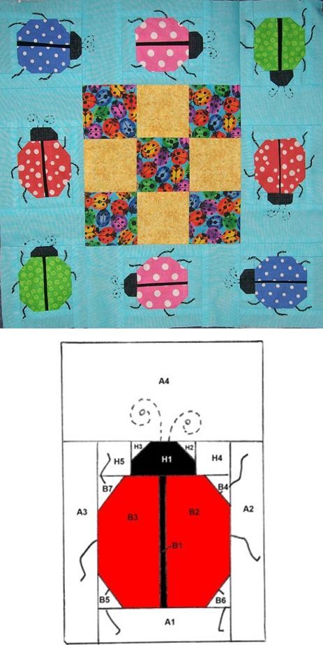 = free pattern = paper pieced Ladybug quilt block by Teri Emerson at Handiwerx Ladybug Quilt Block, Insect Quilt, Ladybug Quilt, Animal Patchwork, Block Quilt Ideas, Kids Quilts, Paper Pieced Quilt Patterns, Foundation Paper Piecing Patterns, Block Quilt