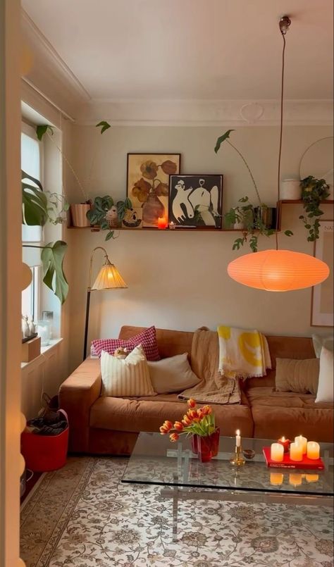 Apartment Living Room With Sliding Door, Globe Lights Living Room, Earth Tone Apartment Decor, Eclectic Apartment Aesthetic, Apartment Decorating Colorful, Uo X Pinterest Contest, Small Apartment Tips, Fancy Interior Design, Apartment Lights