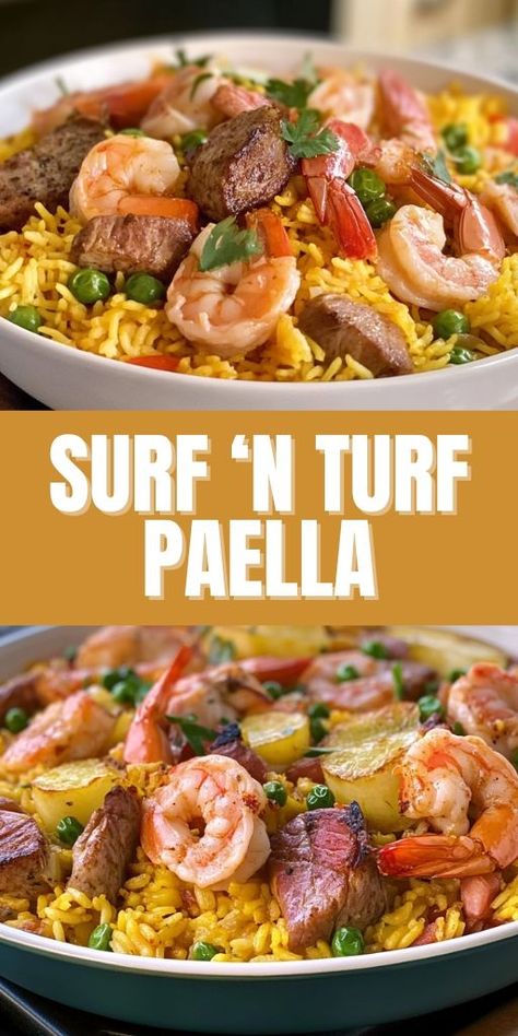 Savor the ultimate culinary indulgence with this delicious Surf ‘n Turf Paella! 🥘🦐🥩 This Spanish-inspired dish combines juicy steak, succulent seafood, and perfectly seasoned rice for an unforgettable meal. Ideal for special occasions, dinner parties, or when you want to treat yourself to something extraordinary! 👉 Save this Pin and enjoy a flavorful paella at home! #SurfAndTurf #PaellaRecipe #SpanishFood #SeafoodLovers #SteakAndSeafood #DinnerPartyIdeas #SpecialOccasionMeals #GourmetRecipes Surf And Turf Ideas Dinners, Surf N Turf Dinner, Paella Recipe Authentic, Surf And Turf Recipes, Best Paella Recipe, Easy Paella Recipe, Surf N Turf Recipes, Paella Recipes, Easy Paella