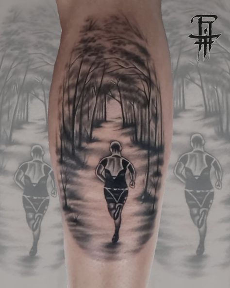 Walking Path Tattoo Ideas, Walking Tattoo Ideas, Mountain Running Tattoo, Runners Tattoo Ideas Running, Running Tattoo Ideas For Men, Running Tattoos, Marathon Tattoo, Runner Tattoo, Calf Tattoo Men