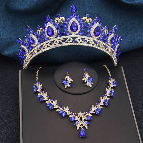 Vintage 3 pcs Bridal Crown Sets Royal Queen Princess Tiaras and Necklace Set Wedding Bride Jewelry Quinceañera Crowns, Royal Blue Accessories, Wedding Veil Blusher, Fairytale Wedding Gown, Princess Tiaras, Tiara Necklace, Bridal Hair Bands, Crystal Crown Tiaras, Glamorous Jewelry