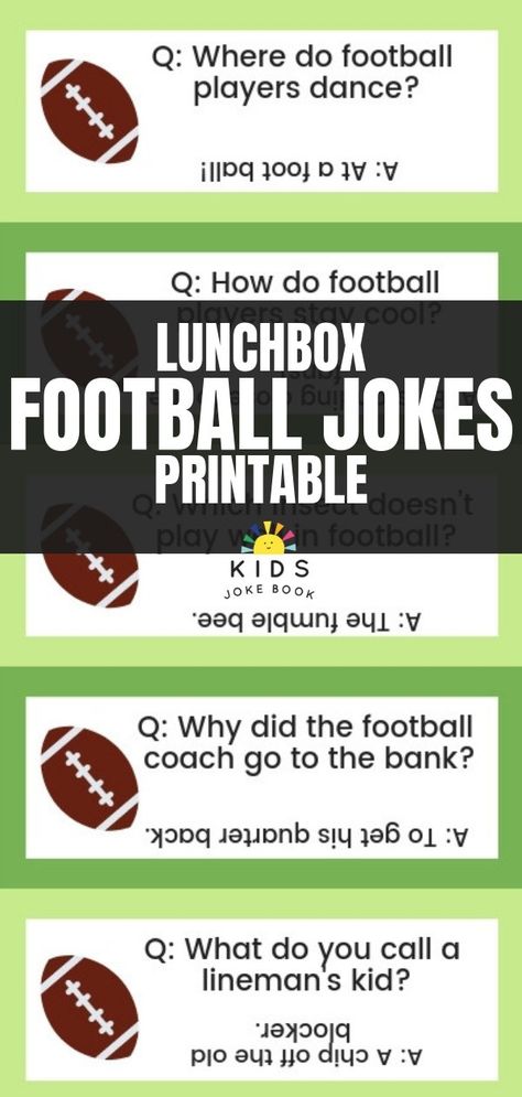 If your kid loves American football, check out our favorite funny football jokes for kids! They might a little corny but you'll be laughing at these riddles whether you love the NFL or College football! The kids love them! #freeprintables #football #printables #jokes #kids Football Jokes For Kids, Super Bowl Jokes, Football Puns, Funny Football Quotes, Football Jokes Funny, Nfl Jokes, Football Printables, Lunch Jokes, Sports Joke