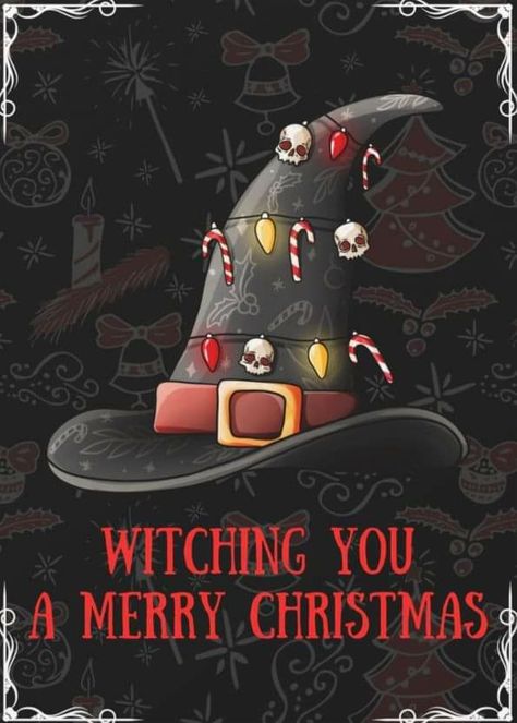 Witchy Happy New Year, Christmas Witch Art, Merry Witchmas, Christmas Goth, Christmas Witch, Merry Creepmas, Solstice Art, Vintage Halloween Art, Happy Winter Solstice