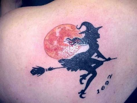 18 Classic Witch Tattoos To Steal Your Breath Away | EntertainmentMesh Salem Witch Tattoo Ideas, Salem Witch Tattoo, Witch Tattoo Ideas, Witch Tattoos, Tattoo World, Feminine Symbols, Witch Pictures, Black Cat Tattoos, Witch Tattoo