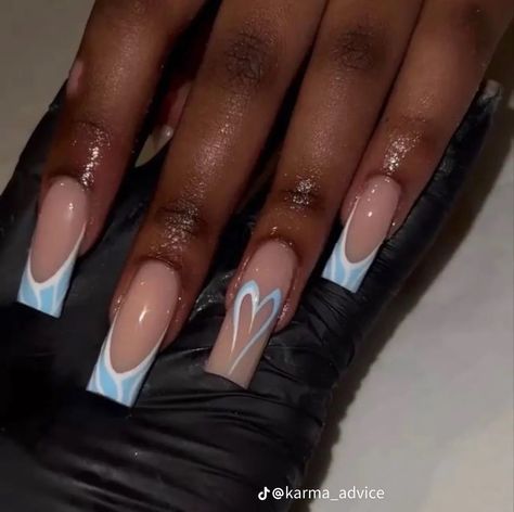 Green And Blue Nail Ideas, Blue And White Nails Designs, Short Acrylic Nails Designs Blue, Baby Blue And White Nails, Blue Square Acrylic Nails, Blue Nail Inspo Acrylic, White And Blue Nail Designs, Blue And White Nail Designs, Baby Blue Nails Ideas